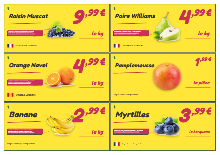 Planche d’étiquettes prix créée avec Afych