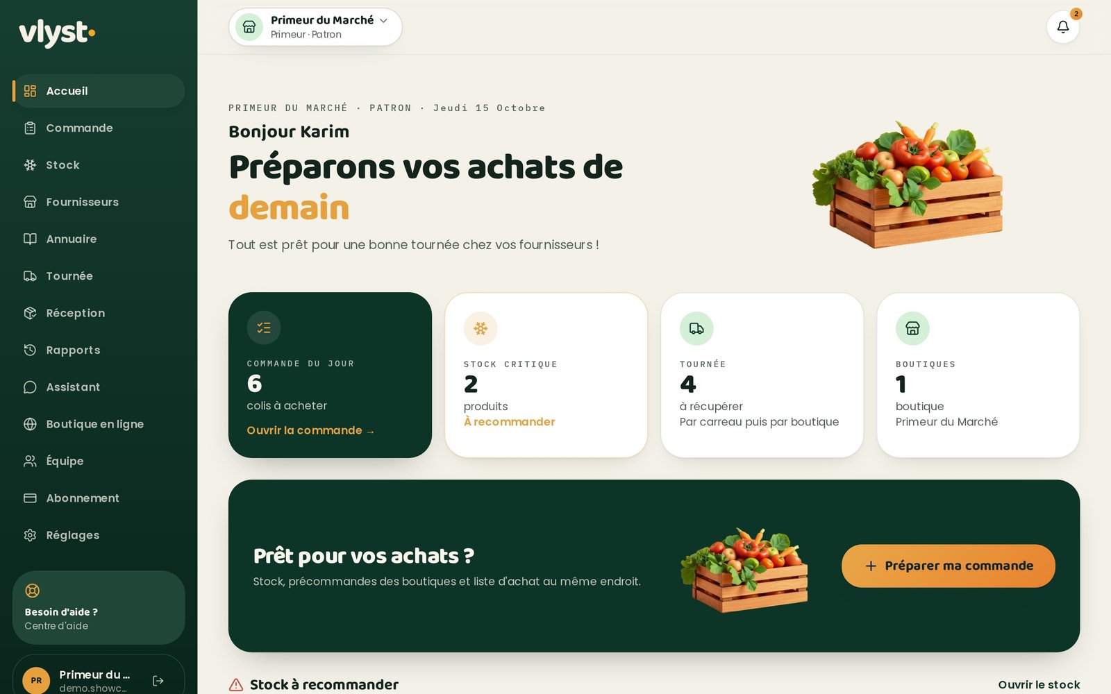 Tableau de bord Vlyst : commandes, stock et tournée