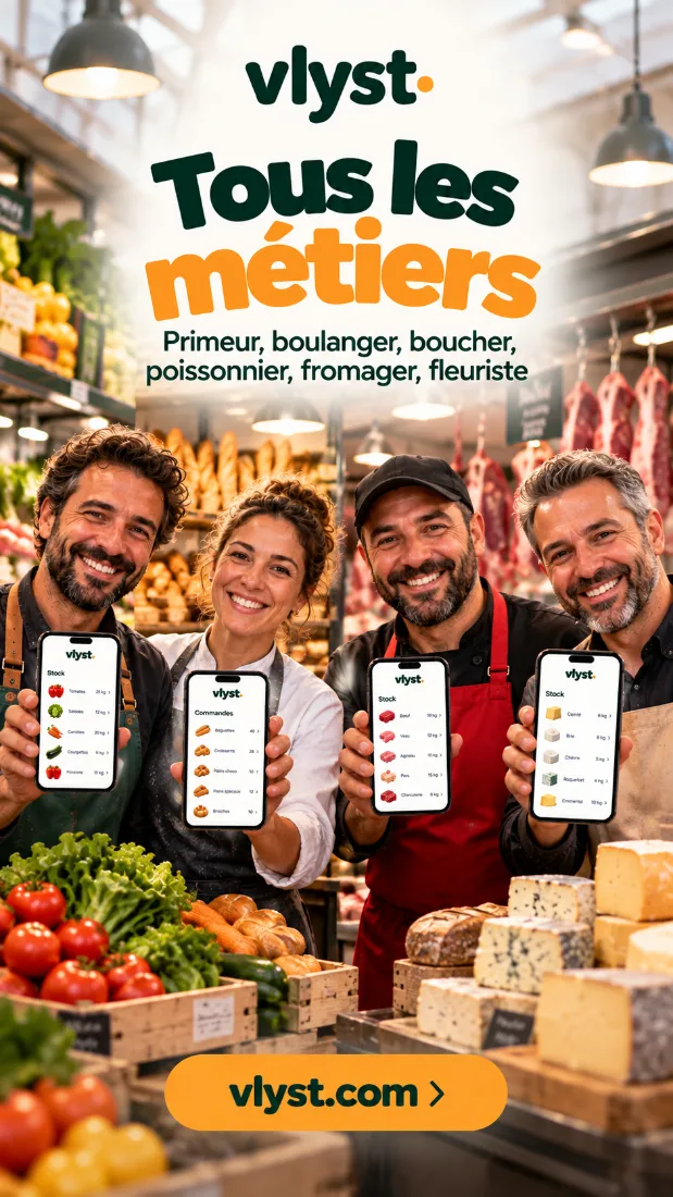 Vlyst pour tous les métiers : primeur, boulanger, boucher, poissonnier, fromager, fleuriste